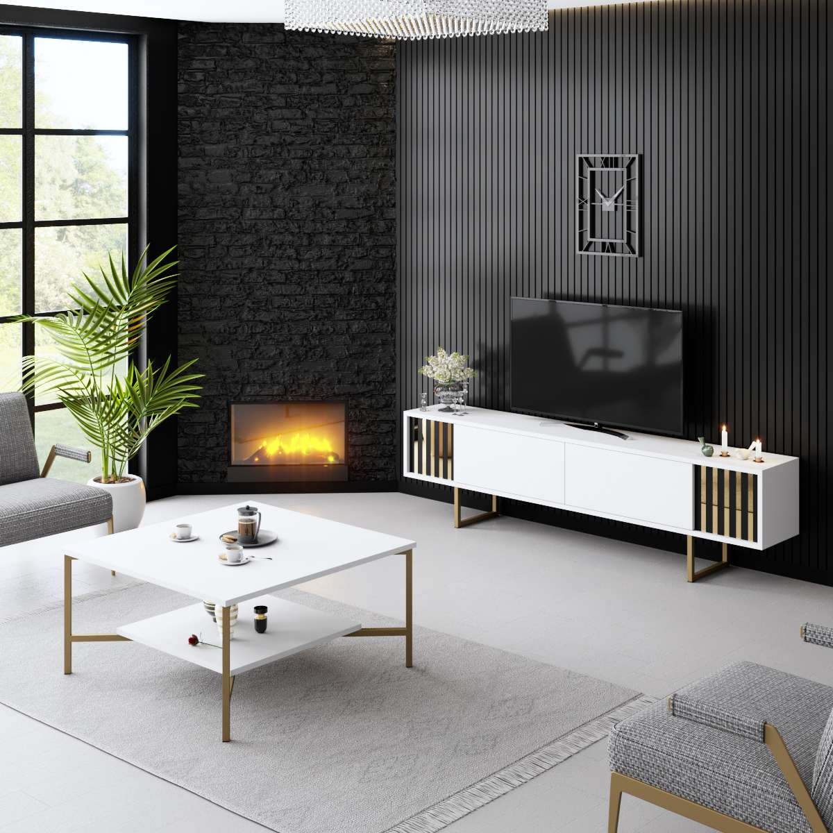 Meuble TV Blanc Gold Line 180x48x30 - Cadre doré
