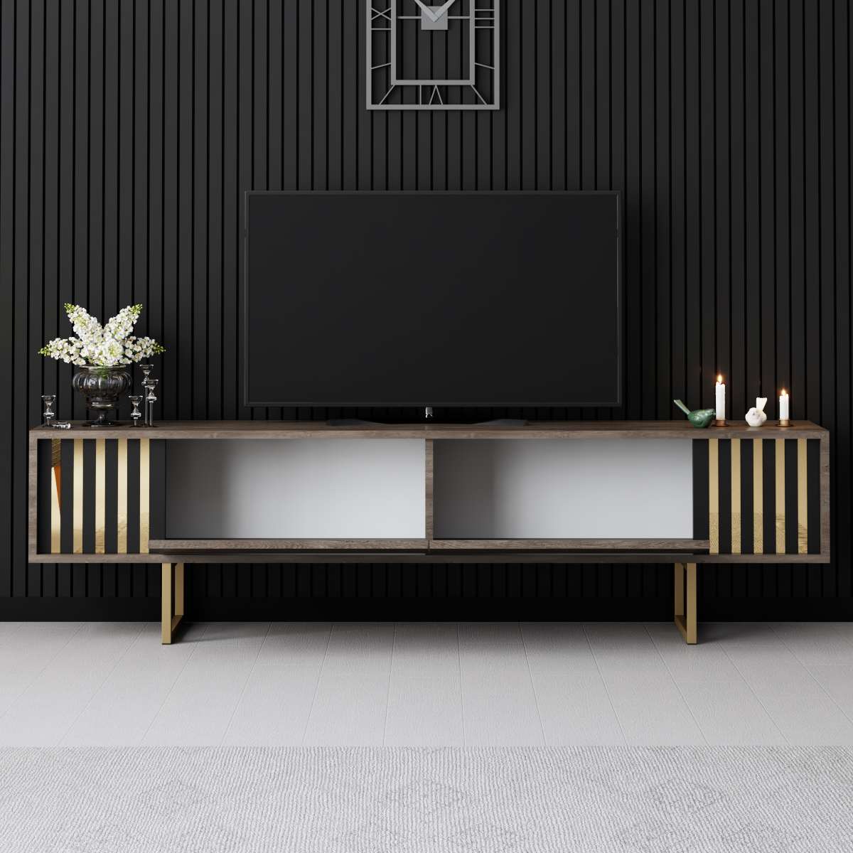 TV Meubel Walnoot Gold Line 180x48x30 - Gouden Frame