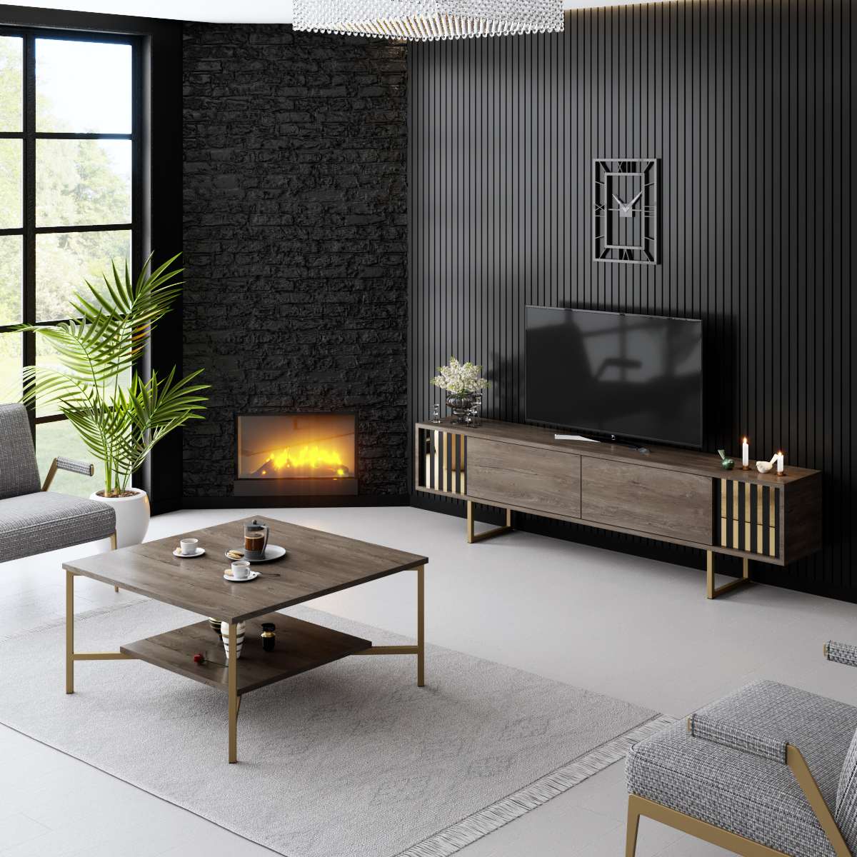 TV Meubel Walnoot Gold Line 180x48x30 - Gouden Frame