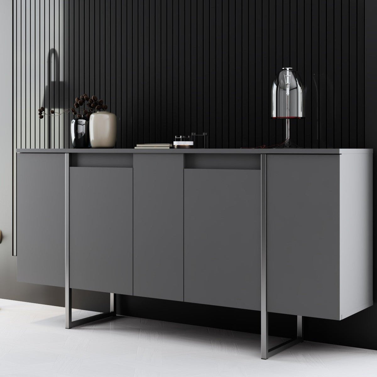 Buffet Moderne Anthracite Luxe 160x80x35 - Cadre Argent