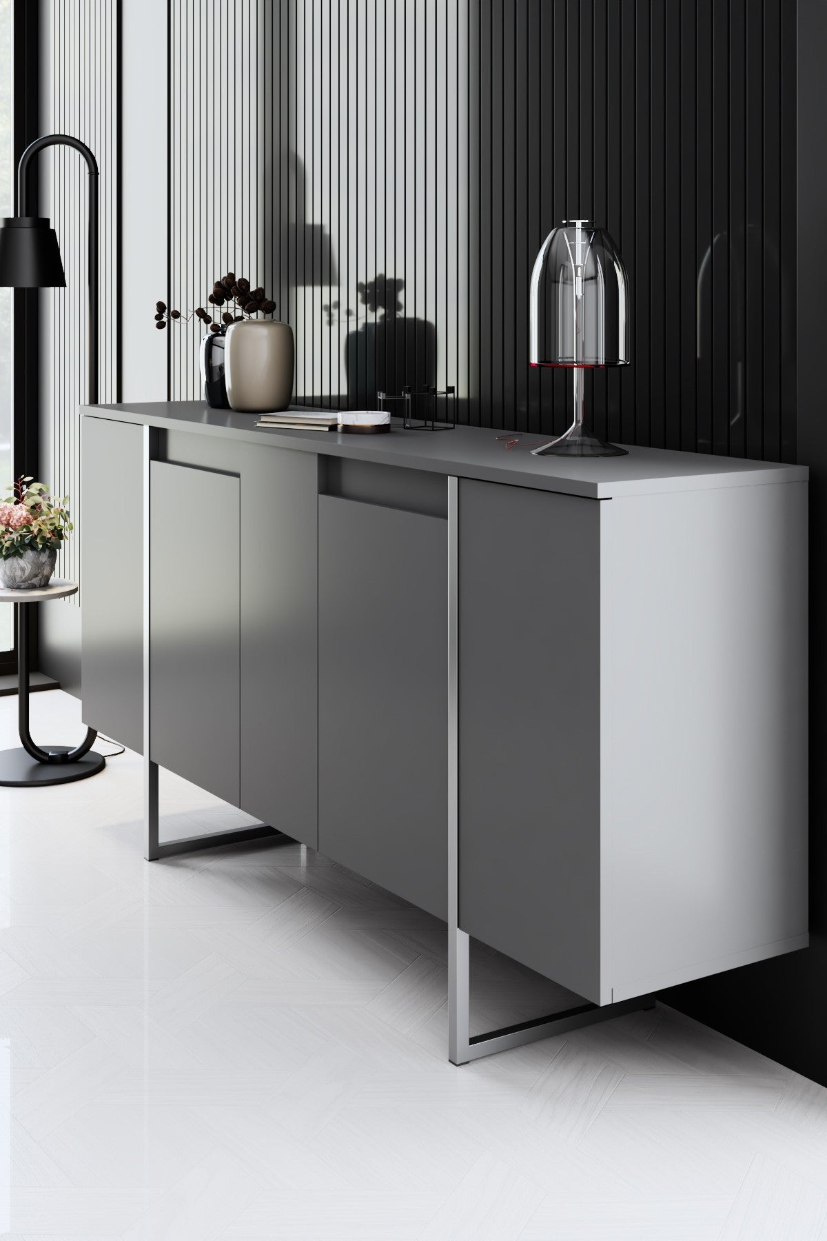Buffet Moderne Anthracite Luxe 160x80x35 - Cadre Argent