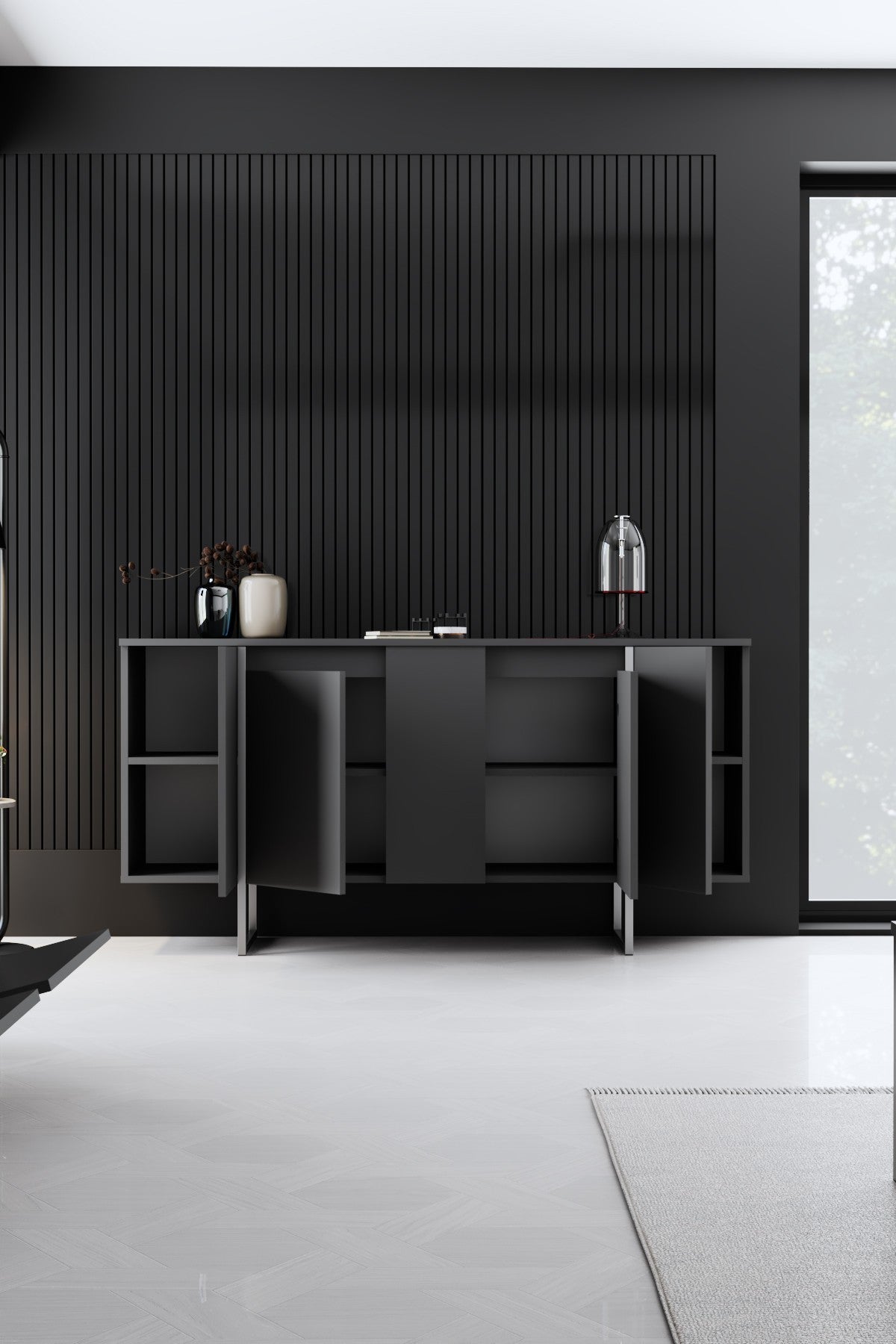 Buffet Moderne Anthracite Luxe 160x80x35 - Cadre Argent