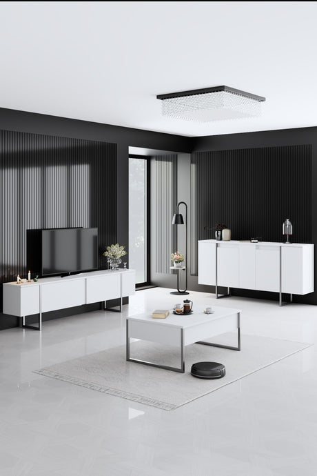 Modern Dressoir Wit Luxe 160x80x35 - Zilver Frame