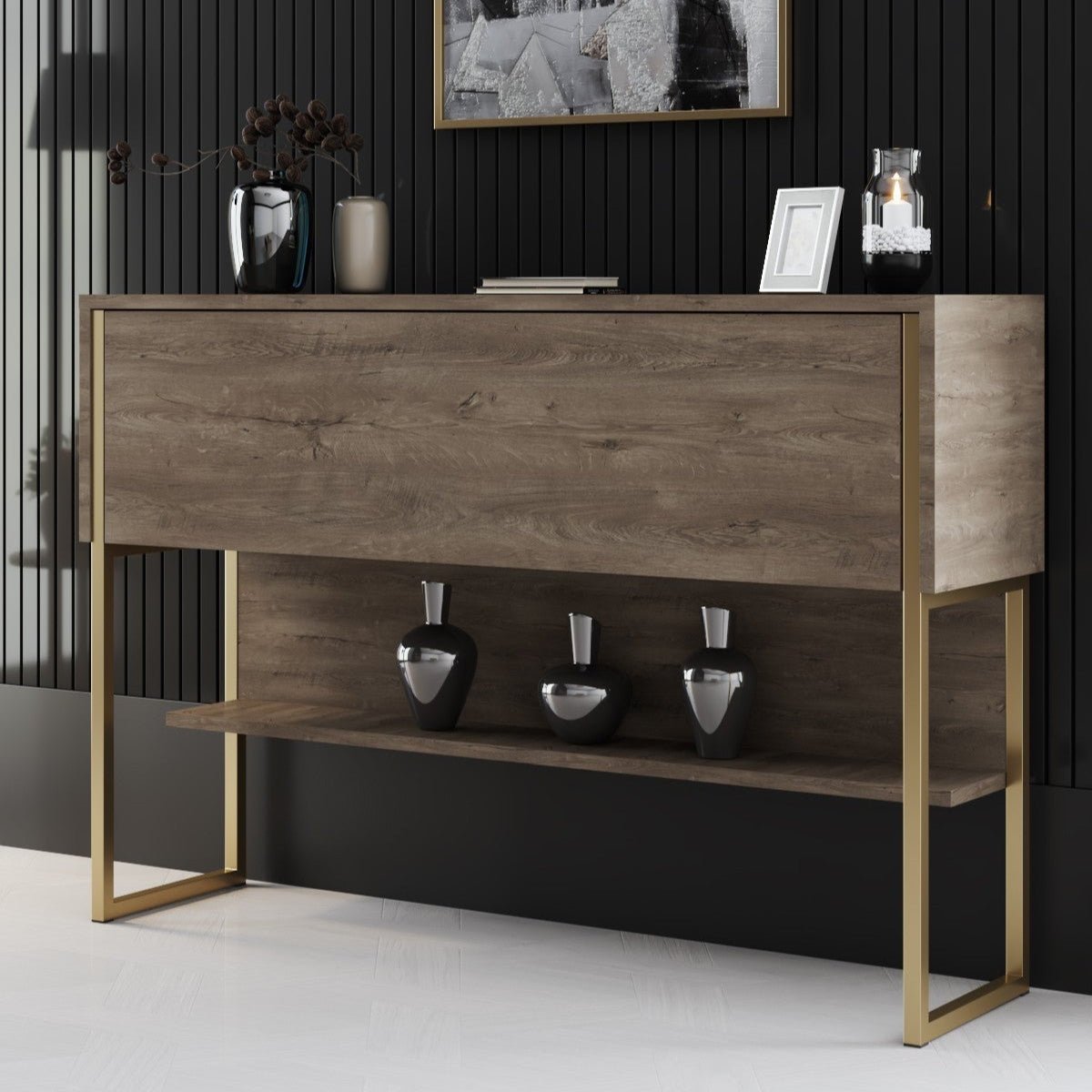 Buffet Moderne Noyer Luxe 120x80x30 - Cadre Doré - Un Compartiment