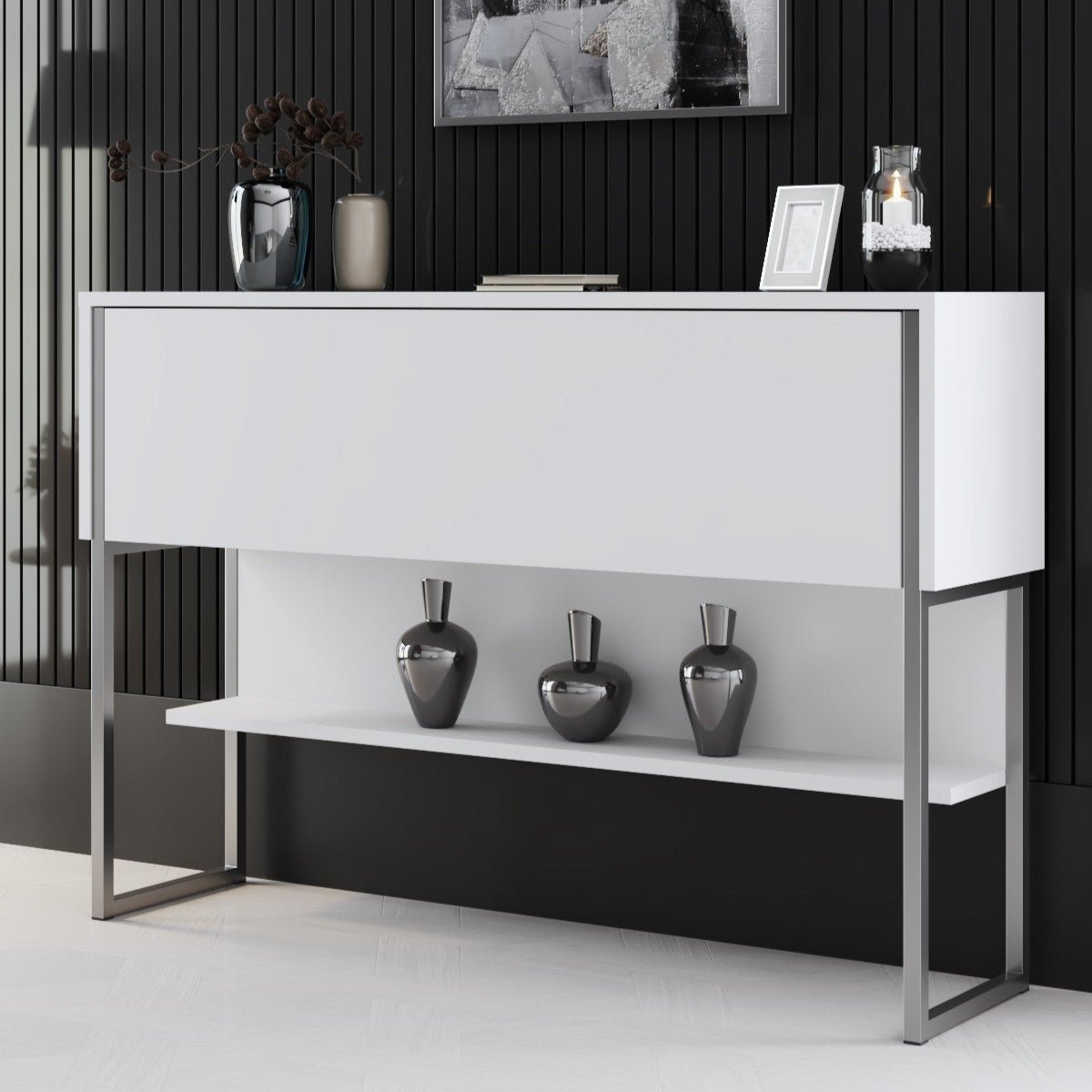 Buffet Moderne Blanc Luxe 120x80x30 - Cadre Argent - Une Case