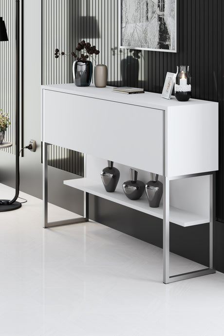 Modern Dressoir Wit Luxe 120x80x30 - Zilver Frame - Eén Vak