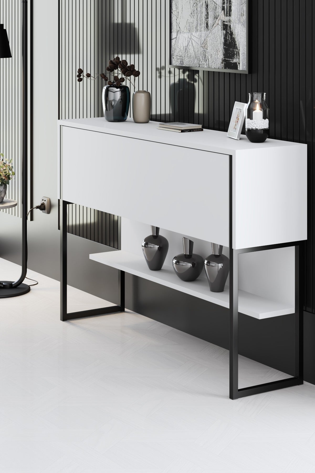 Buffet Moderne Blanc Luxe 120x80x30 - Cadre Noir - Une Case