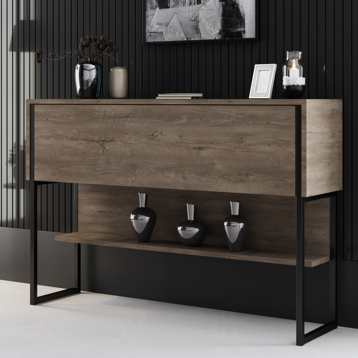 Buffet Moderne Noyer Luxe 120x80x30 - Cadre Noir - Une Case