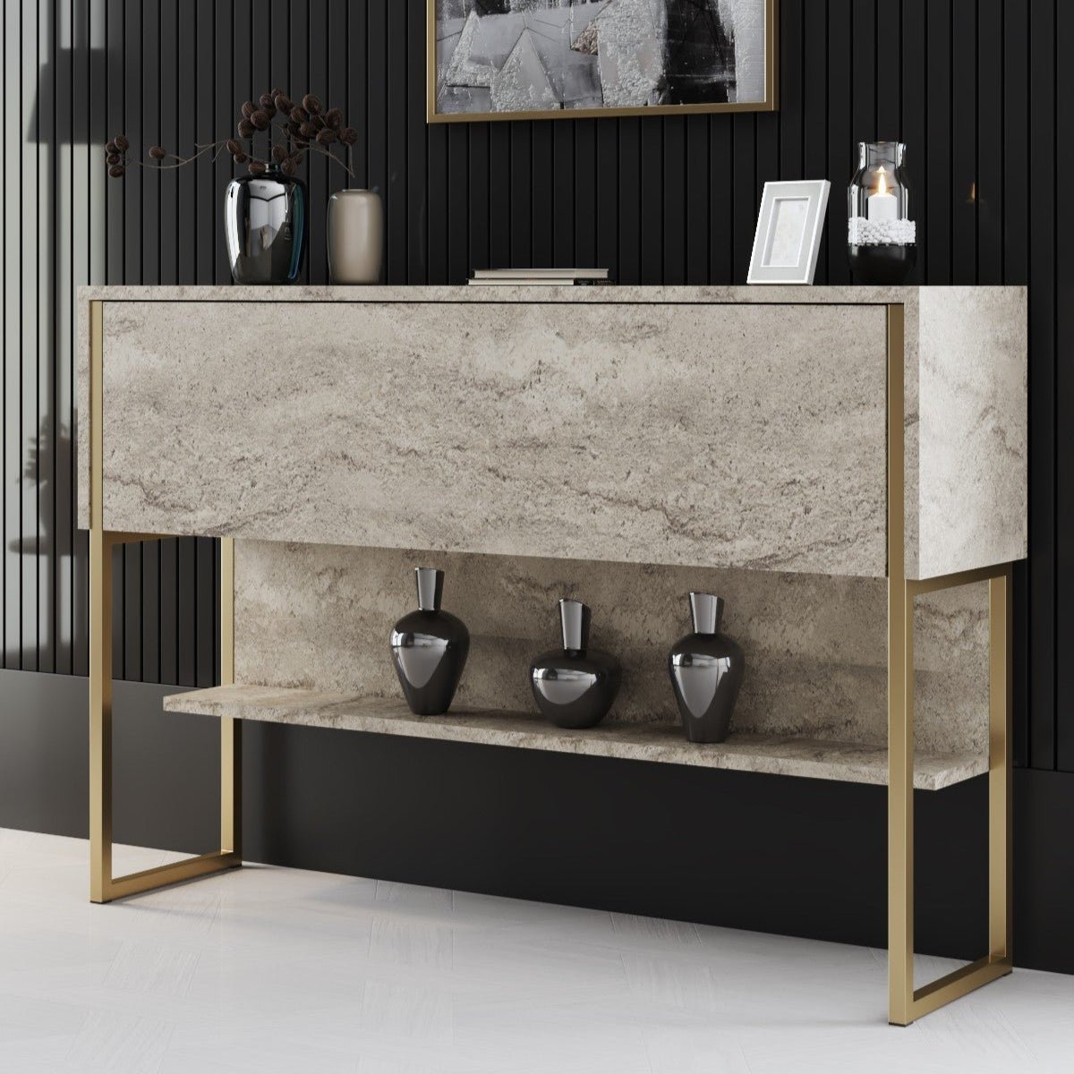 Buffet moderne Travertin Luxe 120x80x30 - Cadre doré - Un compartiment