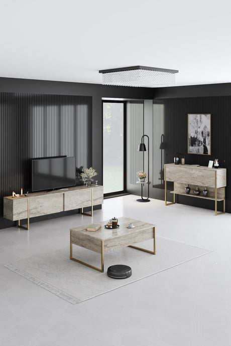 Modern Dressoir Travertijn Luxe 120x80x30 - Gouden Frame - Eén Vak