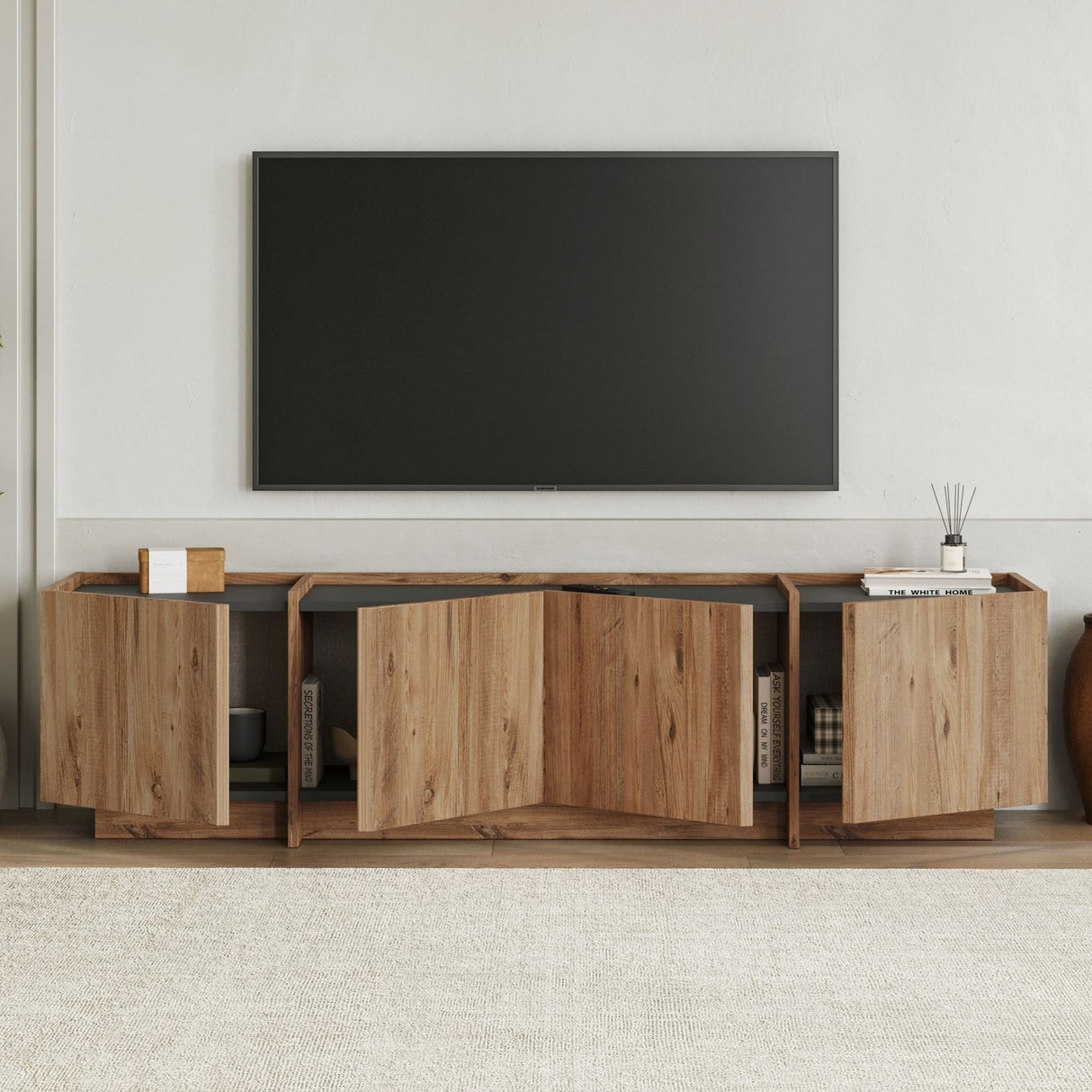 Meuble TV Lowen aspect chêne 180 cm Pin Atlantique et bois mélaminé anthracite