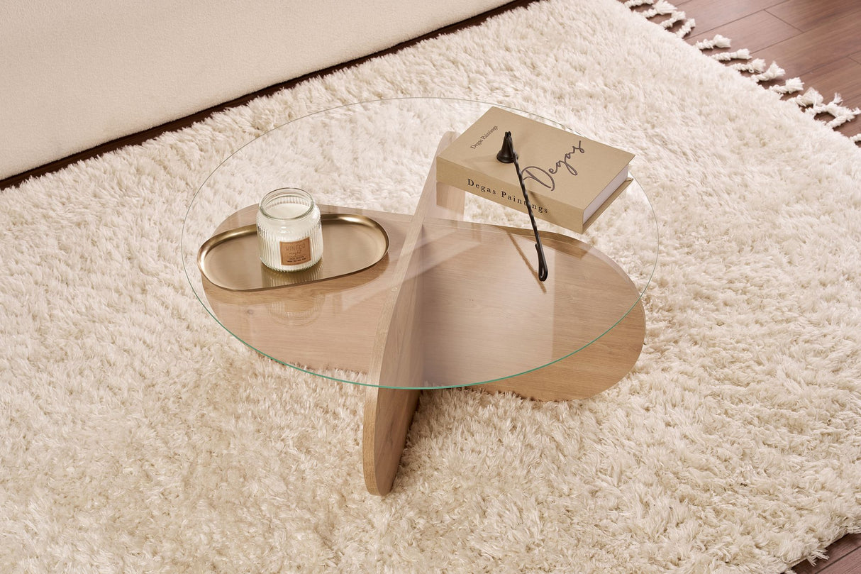 Table basse Aris ronde 75 cm en verre - Mélamine chêne