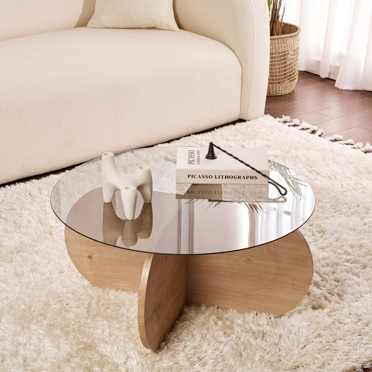 Table basse Aris ronde 75 cm en verre teinté - Mélamine chêne