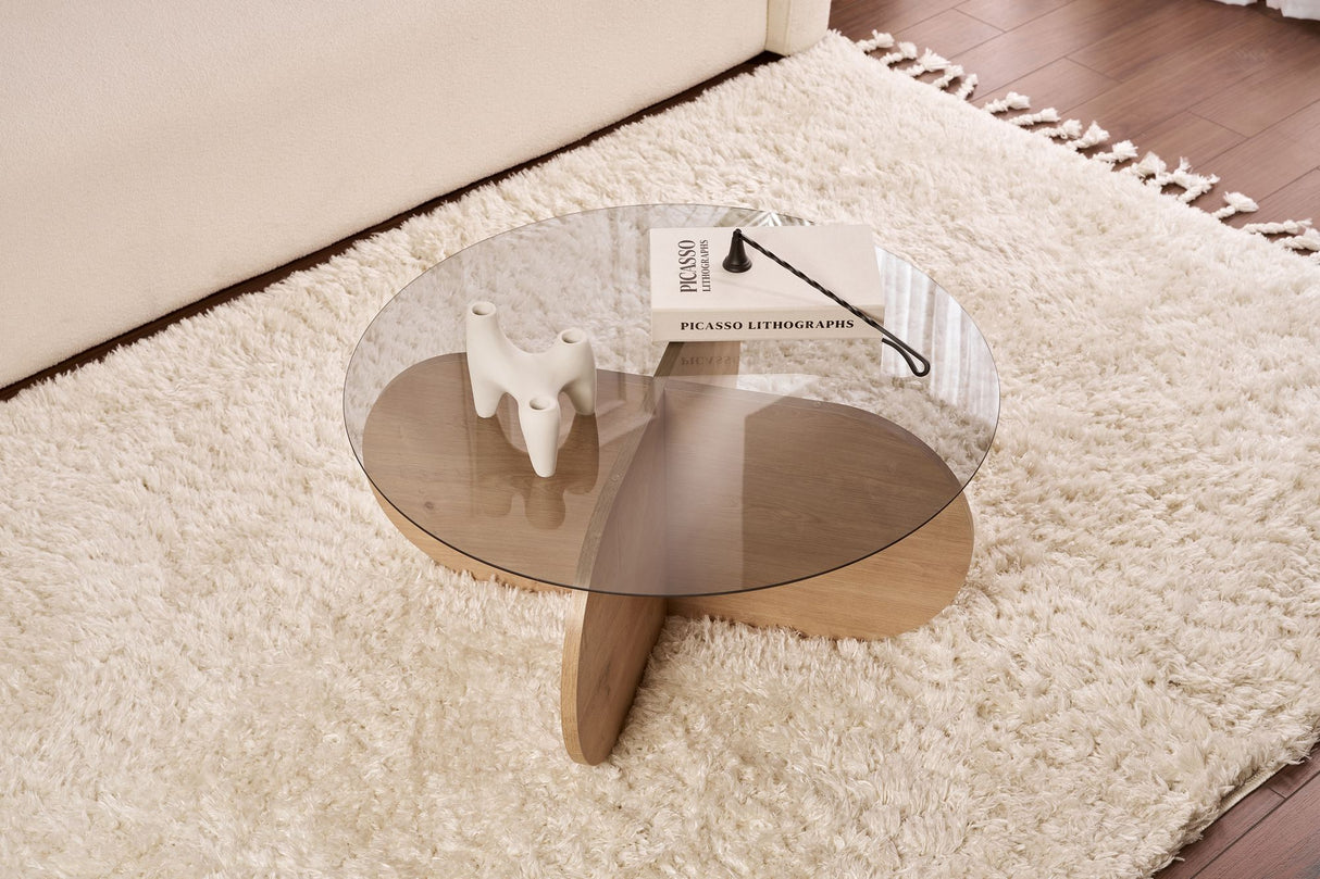 Table basse Aris ronde 75 cm en verre teinté - Mélamine chêne