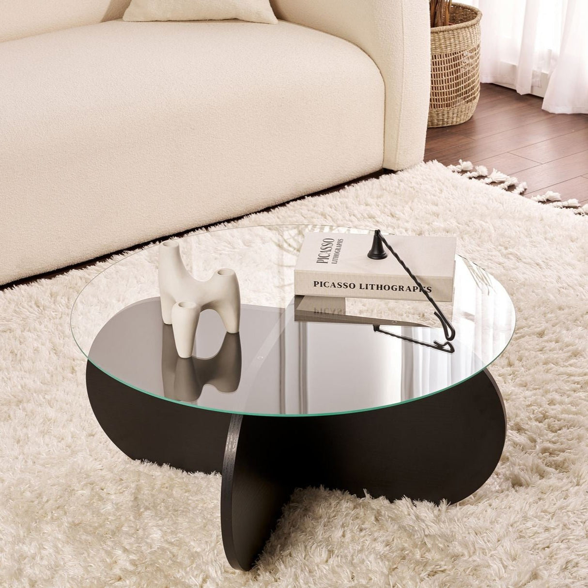Table basse Aris ronde 75 cm en verre teinté - piètement noir