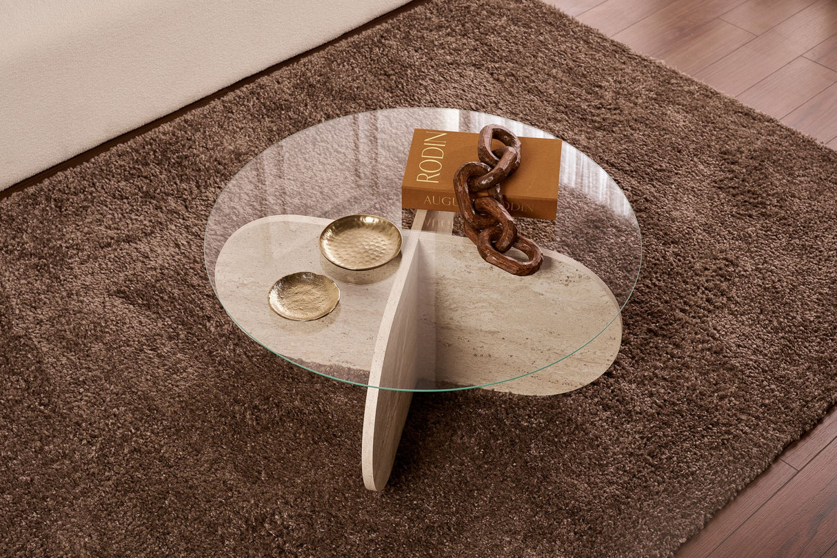 Table basse Aris ronde 75 cm en verre - Piètement en travertin