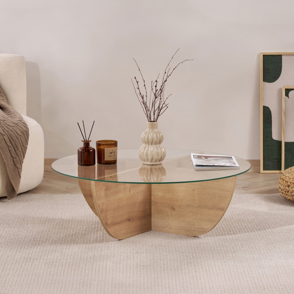Table basse Liya Chêne Saphir ovale 90 cm Verre trempé