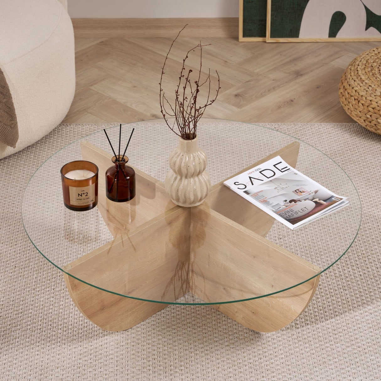 Table basse Liya Chêne Saphir ovale 90 cm Verre trempé