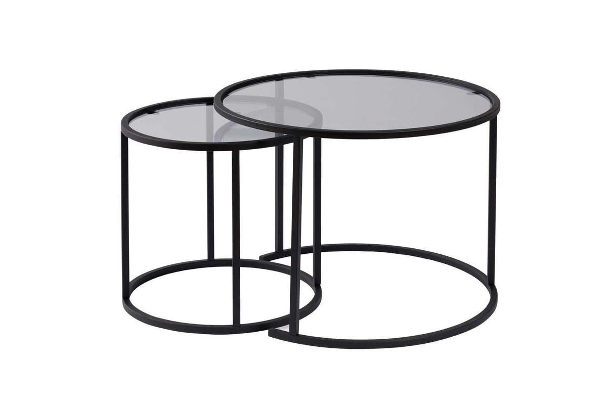 Ensemble de tables basses de 2 en verre rond - cadre noir - 60, 42 cm