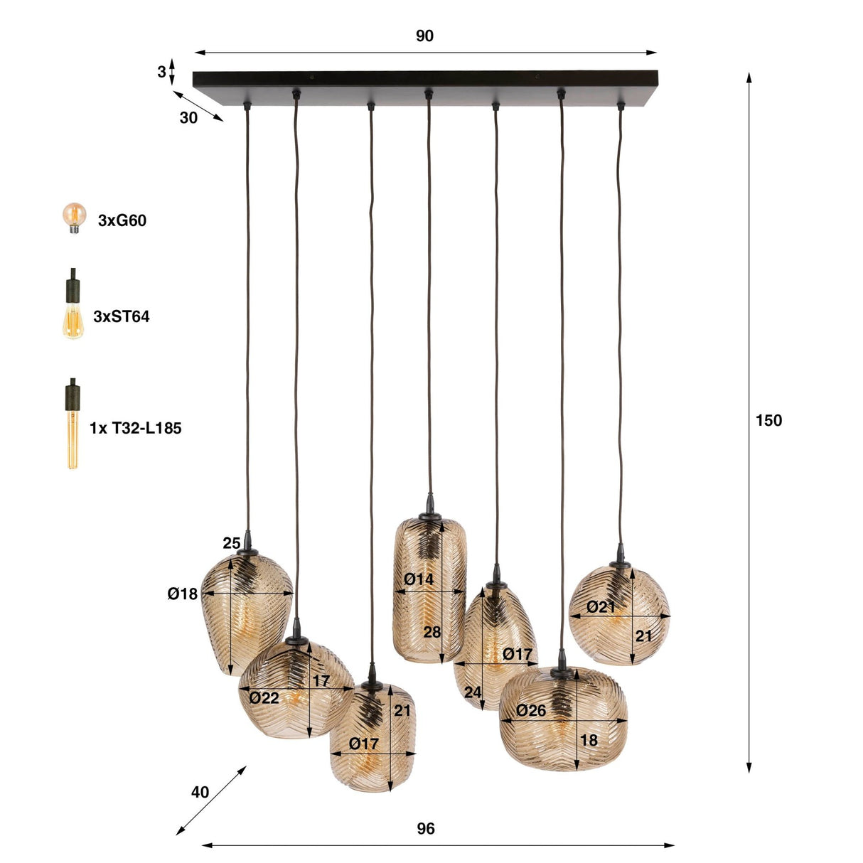 Hanglamp 7-lichts bruin reliëf glas Chen