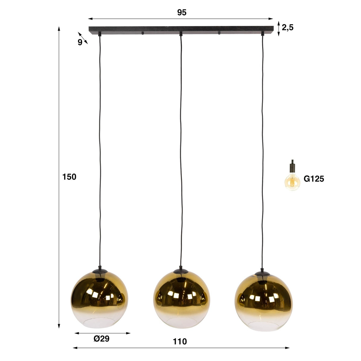 Hanglamp - Glazen hanglamp Juliette 3 - lichts goud glas - Dimehouse
