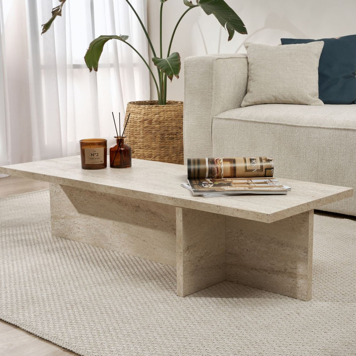 Table basse rectangulaire Portland travertin en mélamine 120x45x30 cm