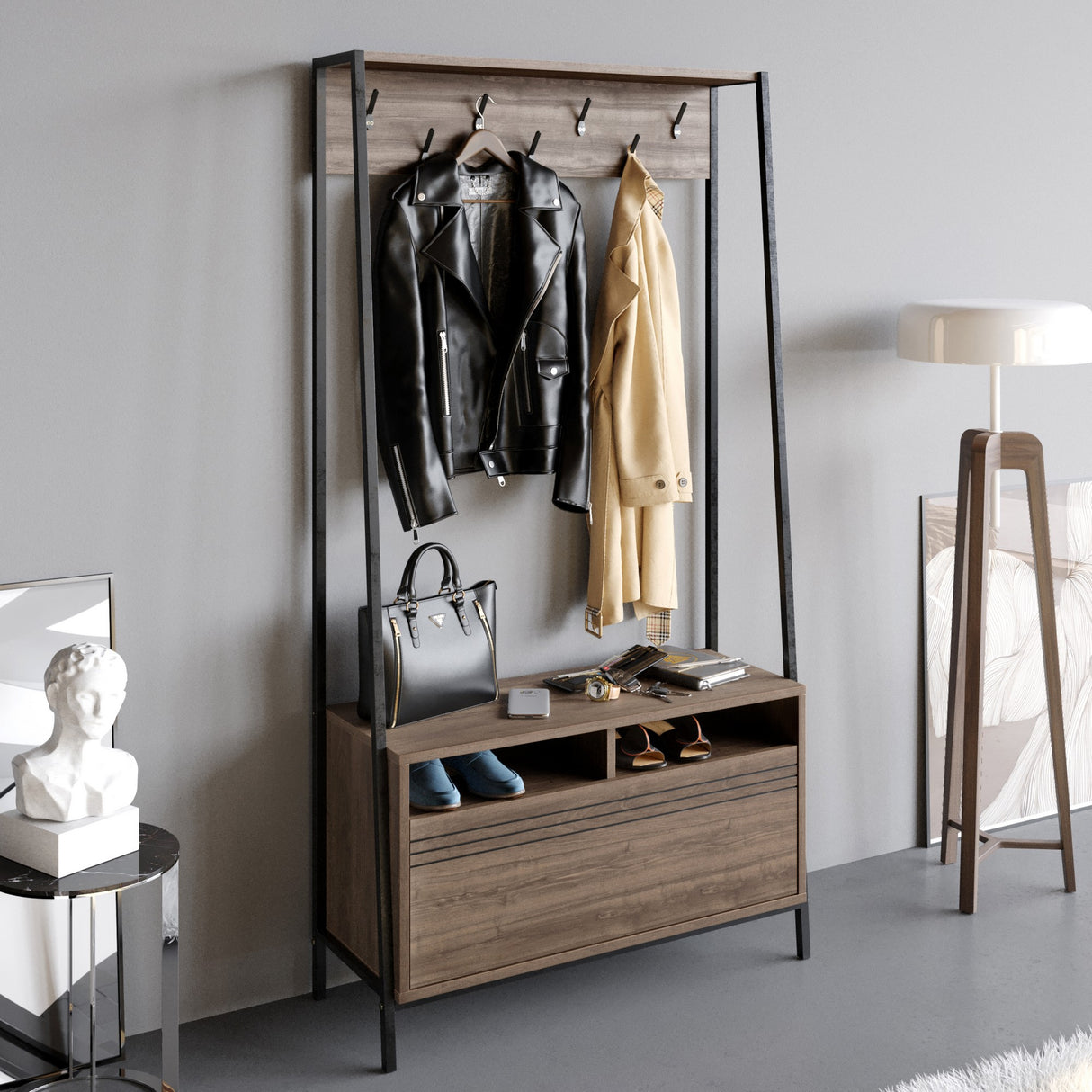 Meuble de rangement Porte-manteau Noyer Mélamine Devon - Avec Compartiments et Tiroir