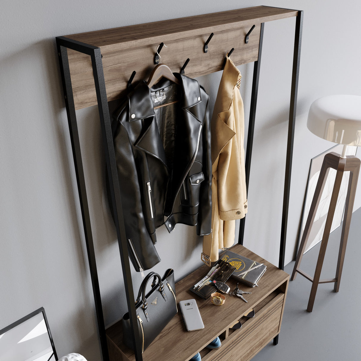 Meuble de rangement Porte-manteau Noyer Mélamine Devon - Avec Compartiments et Tiroir