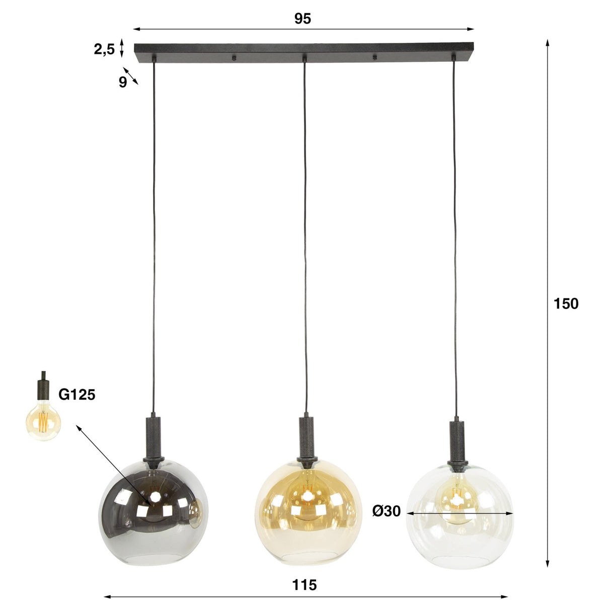 Suspension Nero Trio 3 lumières Métal Noir 115 cm