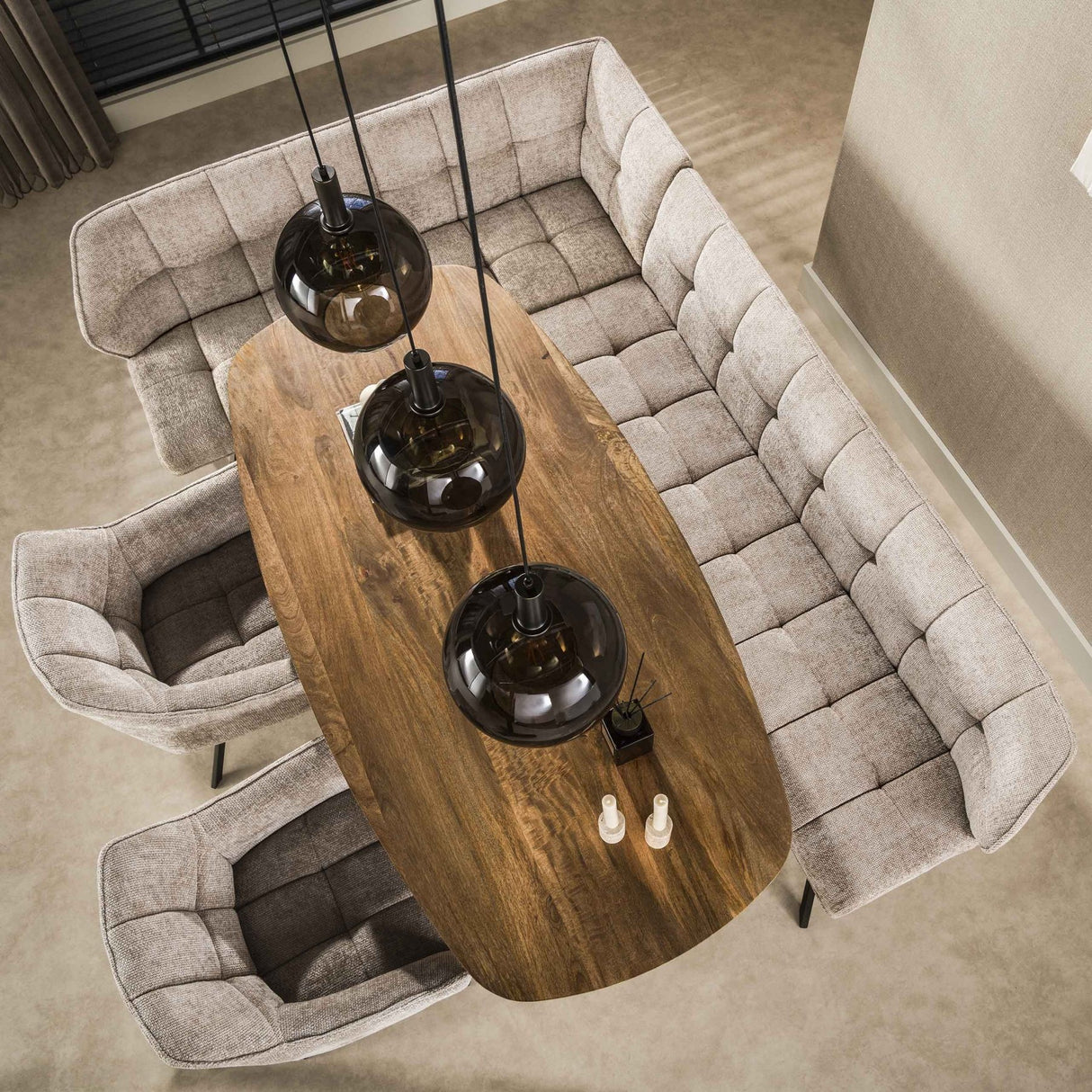 Hanglamp 3-lichts bruin glas zwart metaal Valeo 115 cm