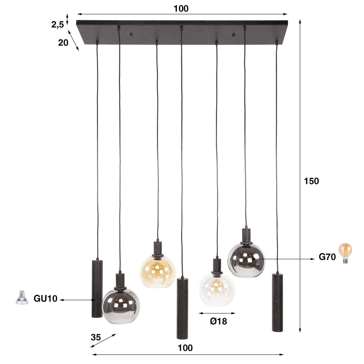 Suspension Orion 7 lumières – Métal Noir – 110 cm