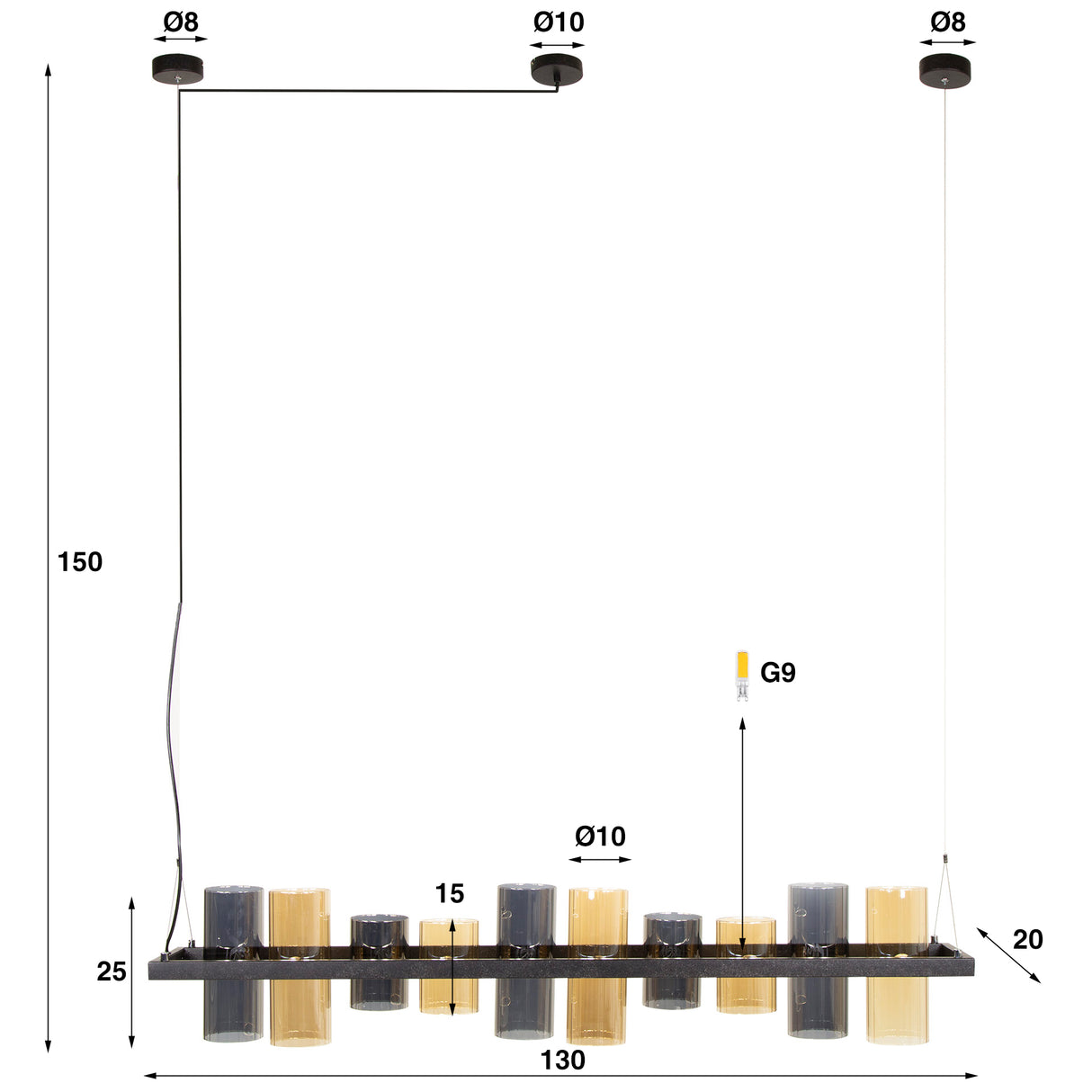 Lampe suspendue Khai 10 lumières cylindre verre mixte