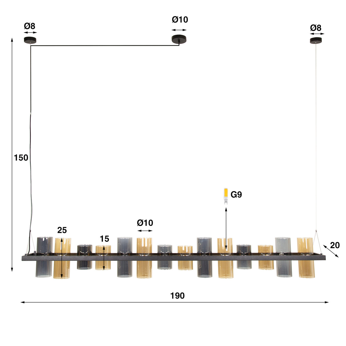 Suspension Khai 14 lumières cylindre verre mélangé
