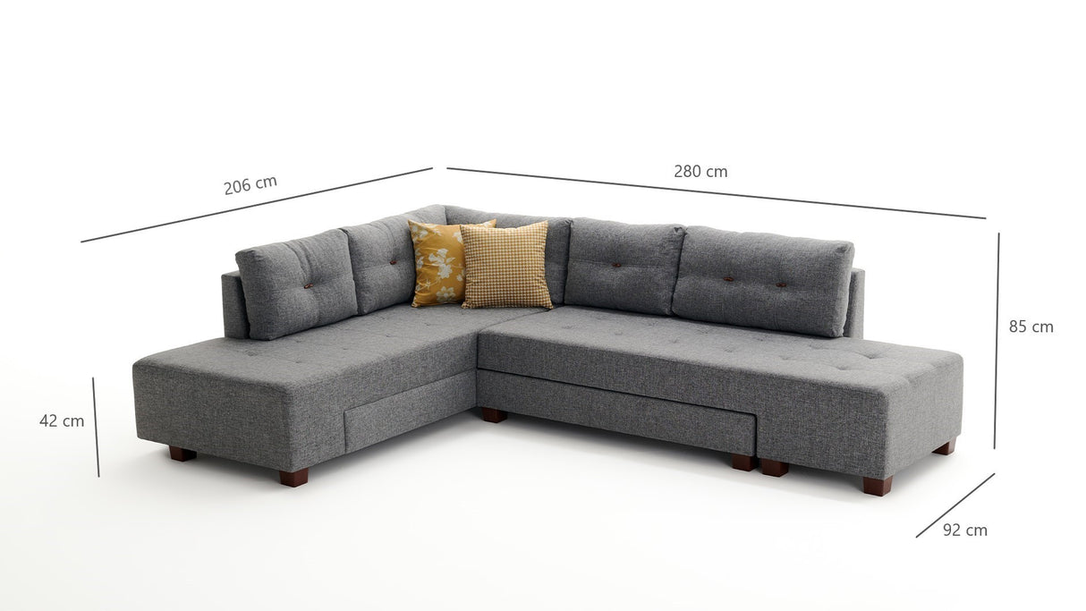 Canapé lit tissu gris - XL 280x206 cm - à roulettes - Gauche - Manama