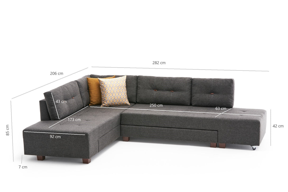 Canapé lit tissu anthracite - XL 280x206 cm - à roulettes - Gauche - Manama