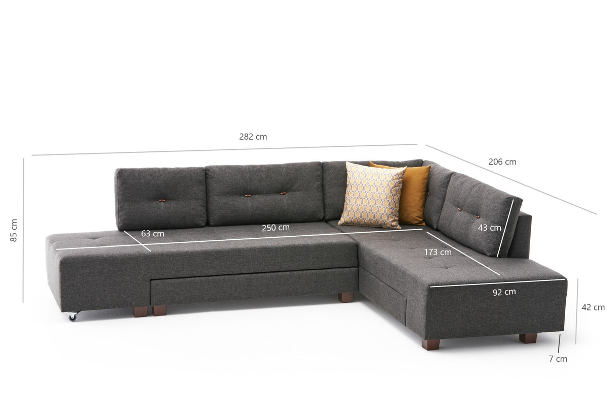 Canapé lit tissu anthracite - XL 280x206 cm - à roulettes - Droite - Manama