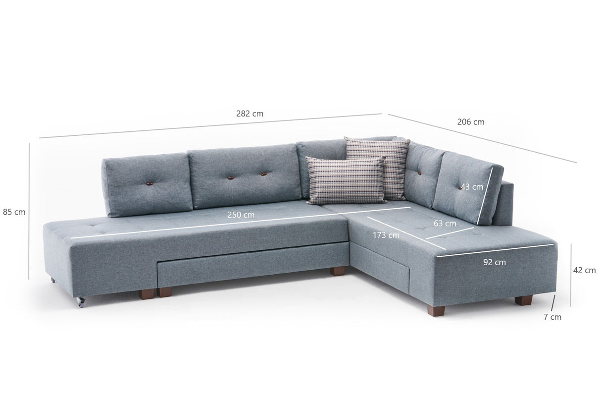 Canapé lit tissu bleu clair - XL 280x206 cm - à roulettes - Droite - Manama