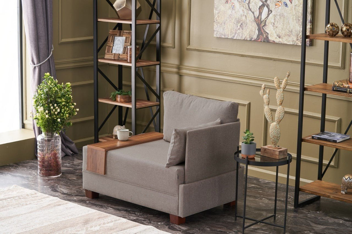 Moderne Fauteuil Beige Stof Fly - Rechts - Met Houten Tafeltje