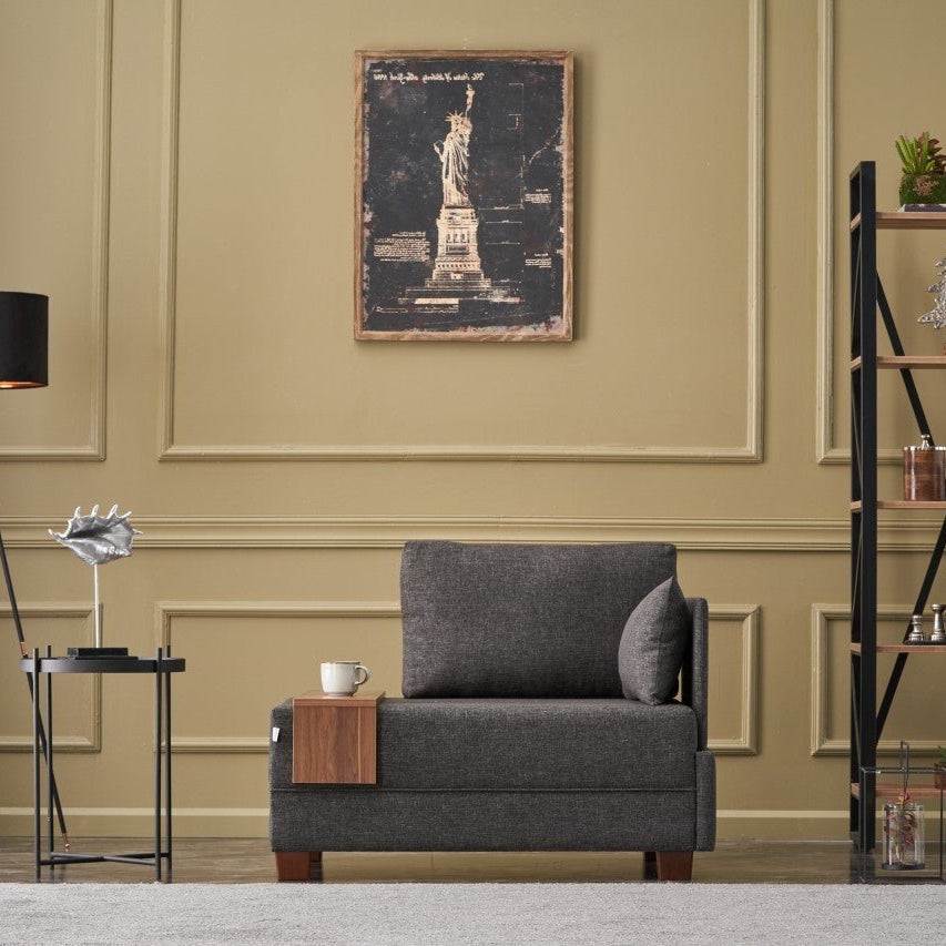 Moderne Fauteuil Antraciet Stof Fly - Rechts - Met Houten Tafeltje