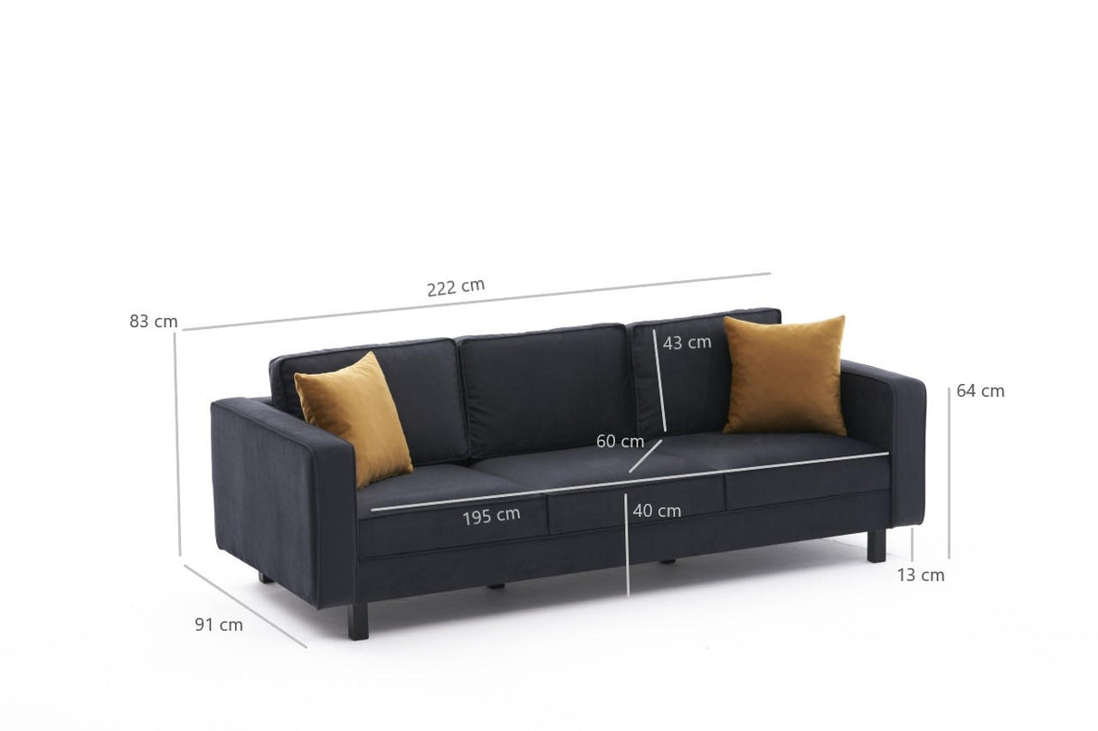 Canapé 3 places Kale Velours Anthracite - coussins amovibles confortables