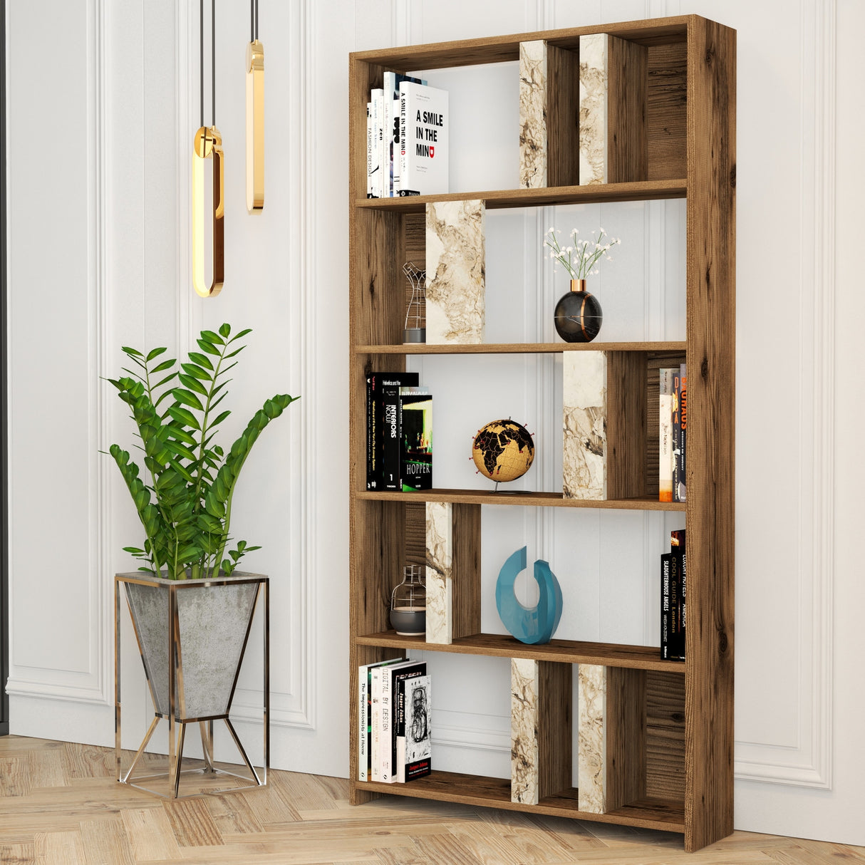 Bibliothèque Lima Walnut White Marmer Melamine 90x180x20 cm