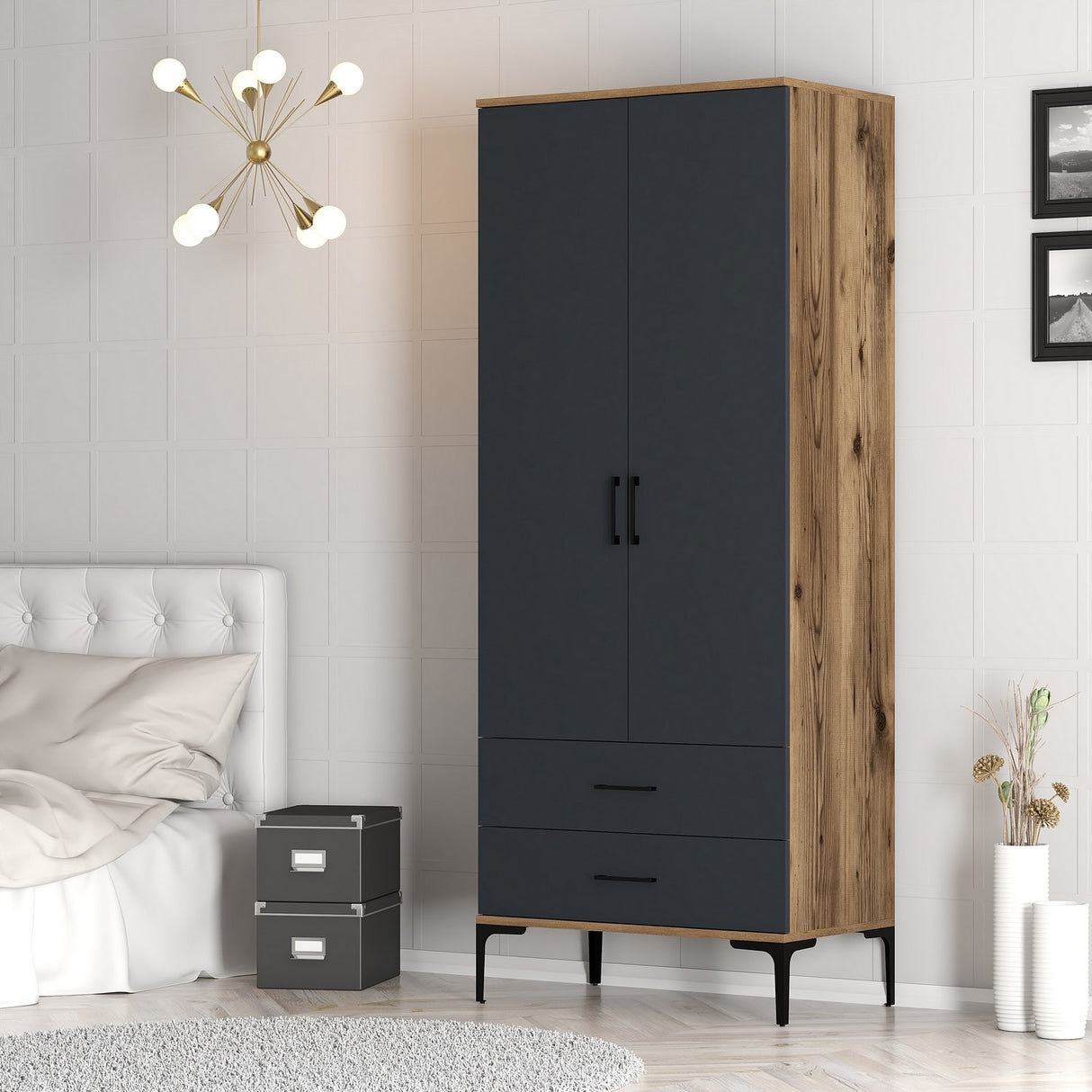 Armoire kumsal t walnut anthracite mélamine 80x47.5x201.4 cm