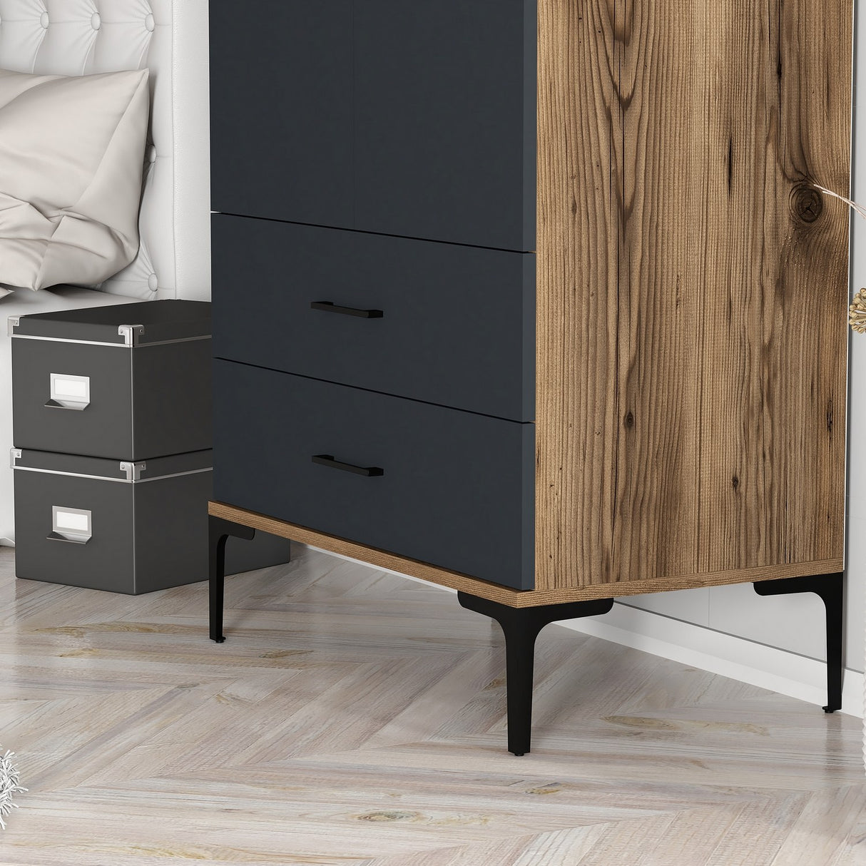 Armoire kumsal t walnut anthracite mélamine 80x47.5x201.4 cm