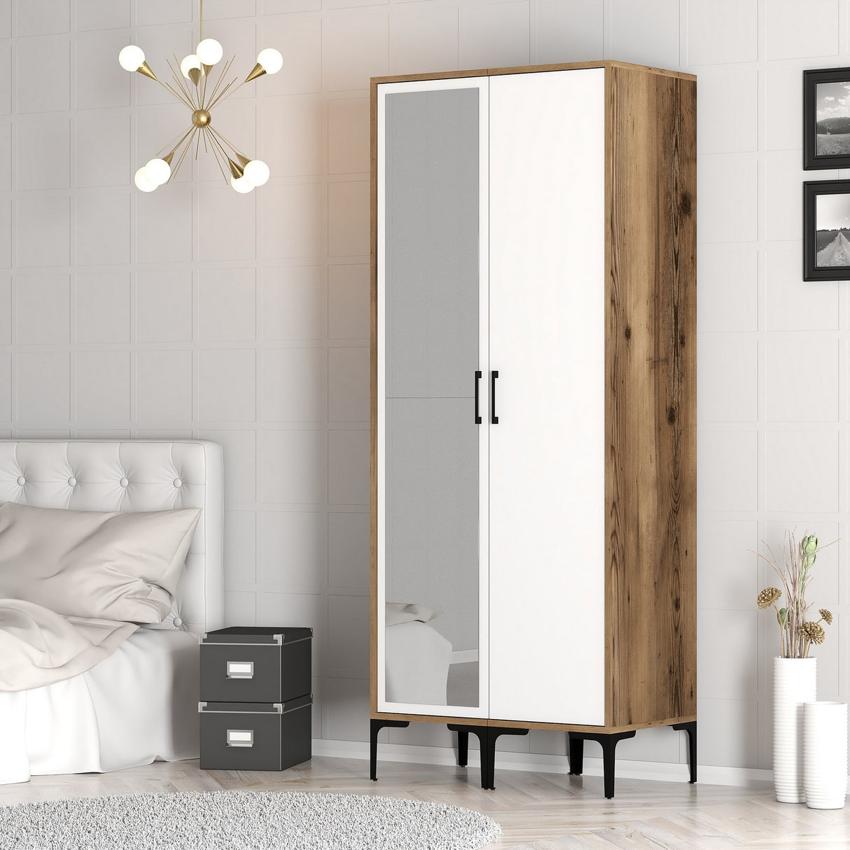 Armoire kumsal rs noyer blanc mélamine 80x47.5x201.4 cm