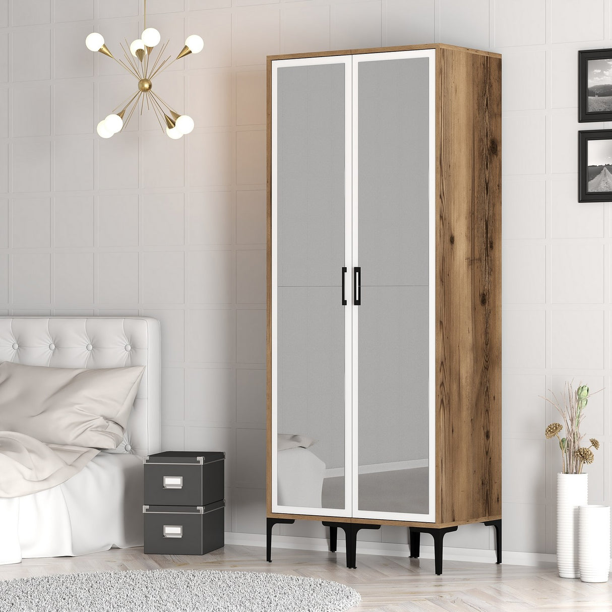 Kledingkast Kumsal RR Walnoot Wit Melamine 80x47,5x201,4 cm