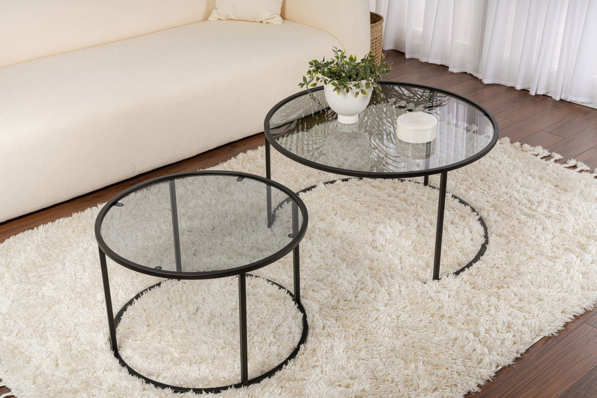 Ensemble de tables basses rondes modernes Uru Noir - Verre Gris - 80/60 cm