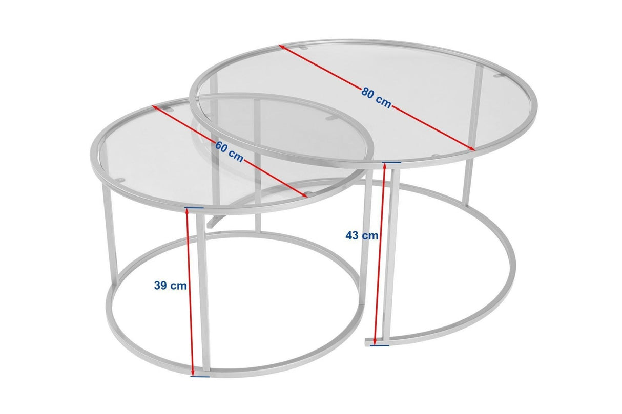 Ensemble de tables basses rondes modernes Uru Noir - Verre Gris - 80/60 cm