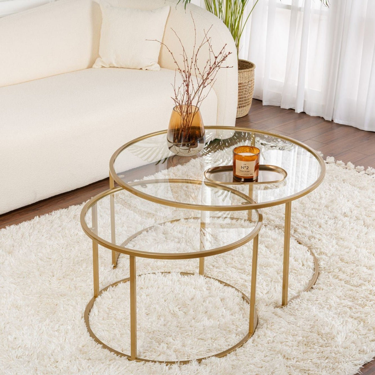 Moderne Ronde Salontafel Set van 2 Uru Goud - Transparant Glas - 80/60 cm