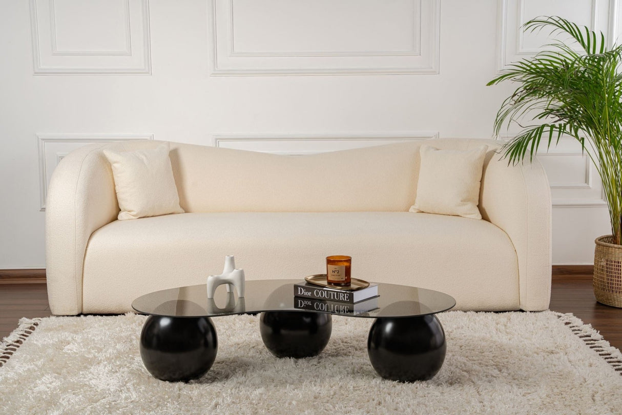Salontafels - Organische salontafel grijs getint glas zwarte bolpoten Sphere 120x70 cm - Dimehouse