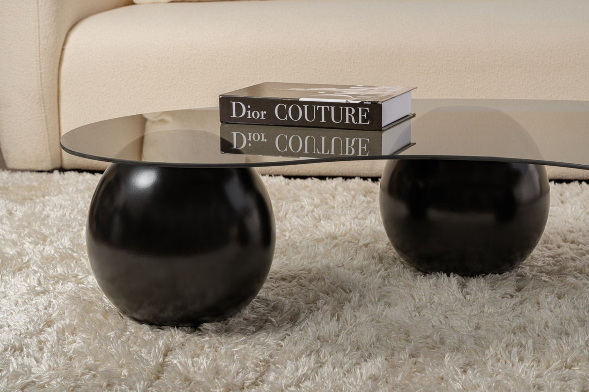 Salontafels - Organische salontafel grijs getint glas zwarte bolpoten Sphere 120x70 cm - Dimehouse